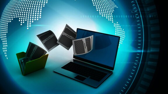 "Digital documents moving from a physical folder into a laptop screen, symbolizing document digitization and global data exchange, with a stylized globe and binary code in the background