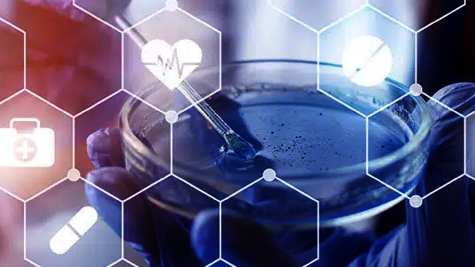 Scientist holding a petri dish with digital medical icons overlaying the image