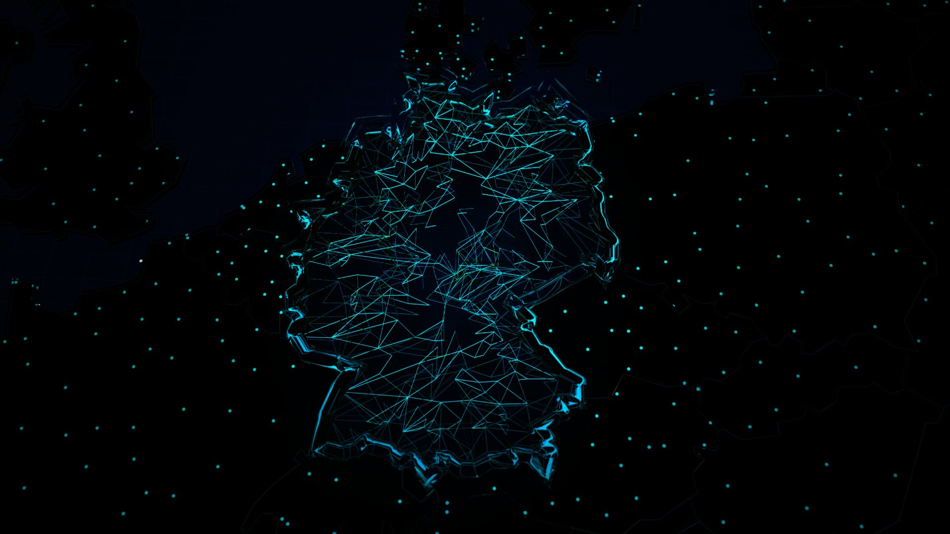 A digital map of Germany highlighted with glowing, interconnected lines and nodes, symbolizing a network or technological infrastructure within the country