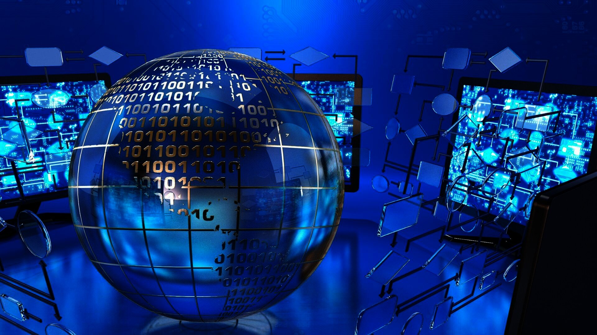 A digital representation of a globe with binary code overlay, surrounded by computer monitors displaying data flow diagrams, symbolizing global data exchange and technological networks