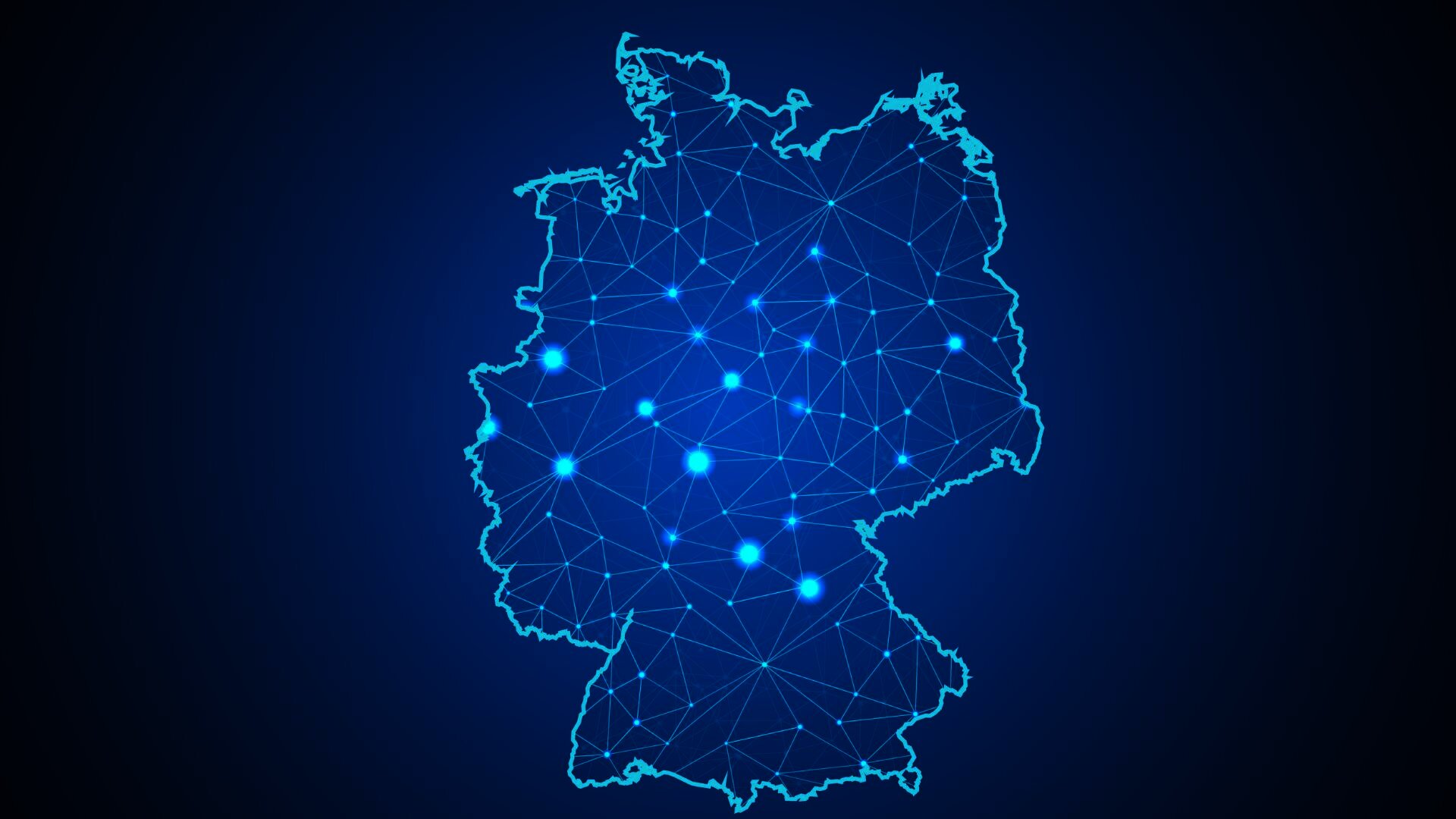 Digital network representation of Germany, with connected nodes and lines symbolizing communication and data infrastructure