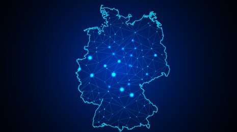 Digital network representation of Germany, with connected nodes and lines symbolizing communication and data infrastructure