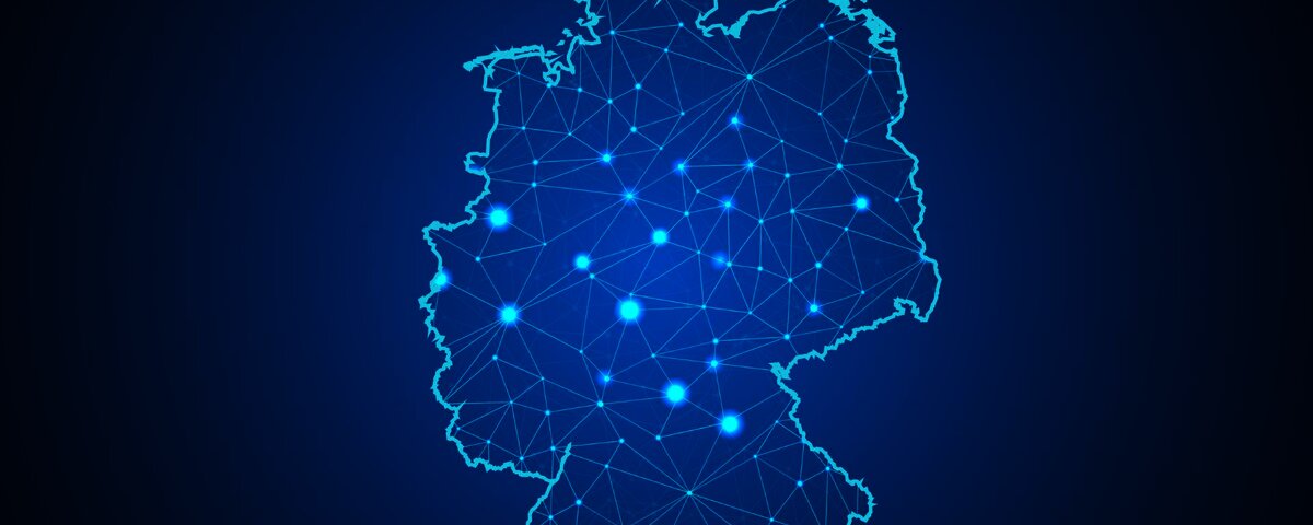 Digital network representation of Germany, with connected nodes and lines symbolizing communication and data infrastructure