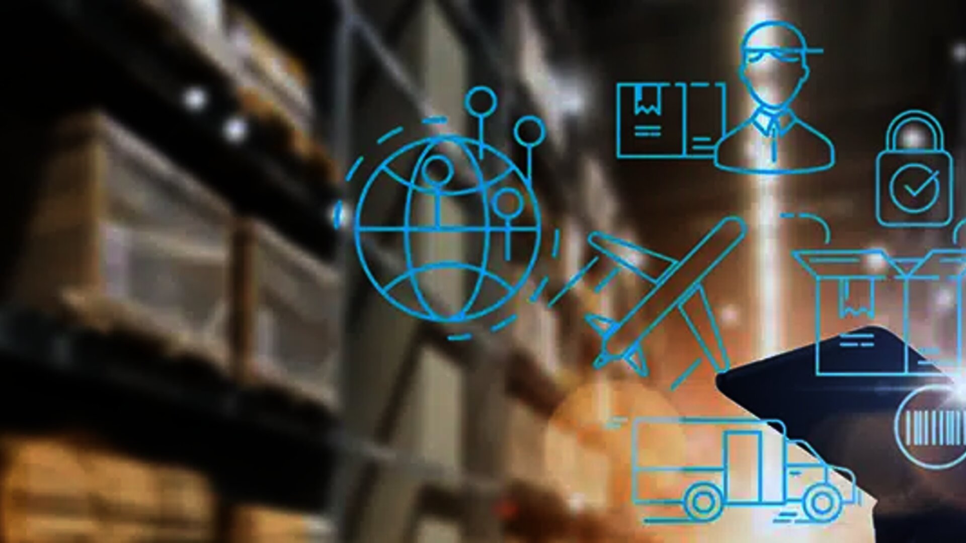 Digital logistics icons over a warehouse background, representing global supply chain management
