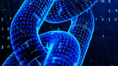 Digital chain with binary code, representing blockchain technology and data security