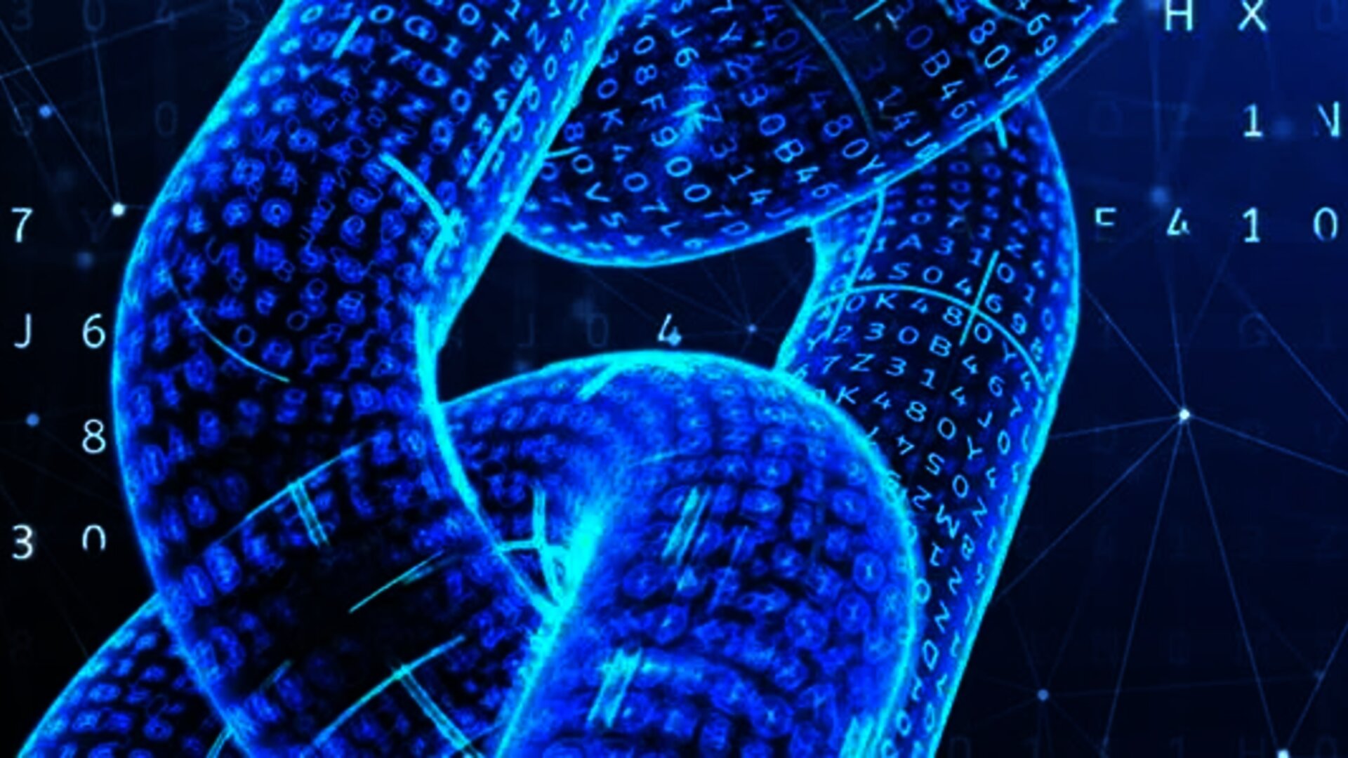 Digital chain with binary code, representing blockchain technology and data security