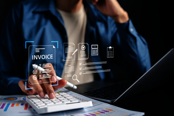 Employee using laptop and calculator with digital symbols for e-invoicing, automated invoice processing and tax documents.