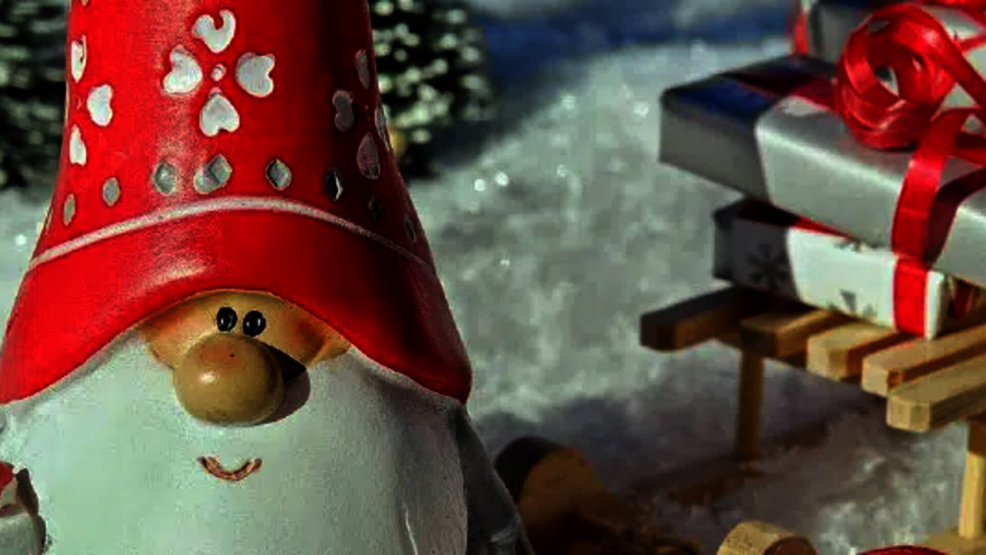 Christmas elf with a red hat holding a gift, sitting by a sled with presents in a snowy landscape