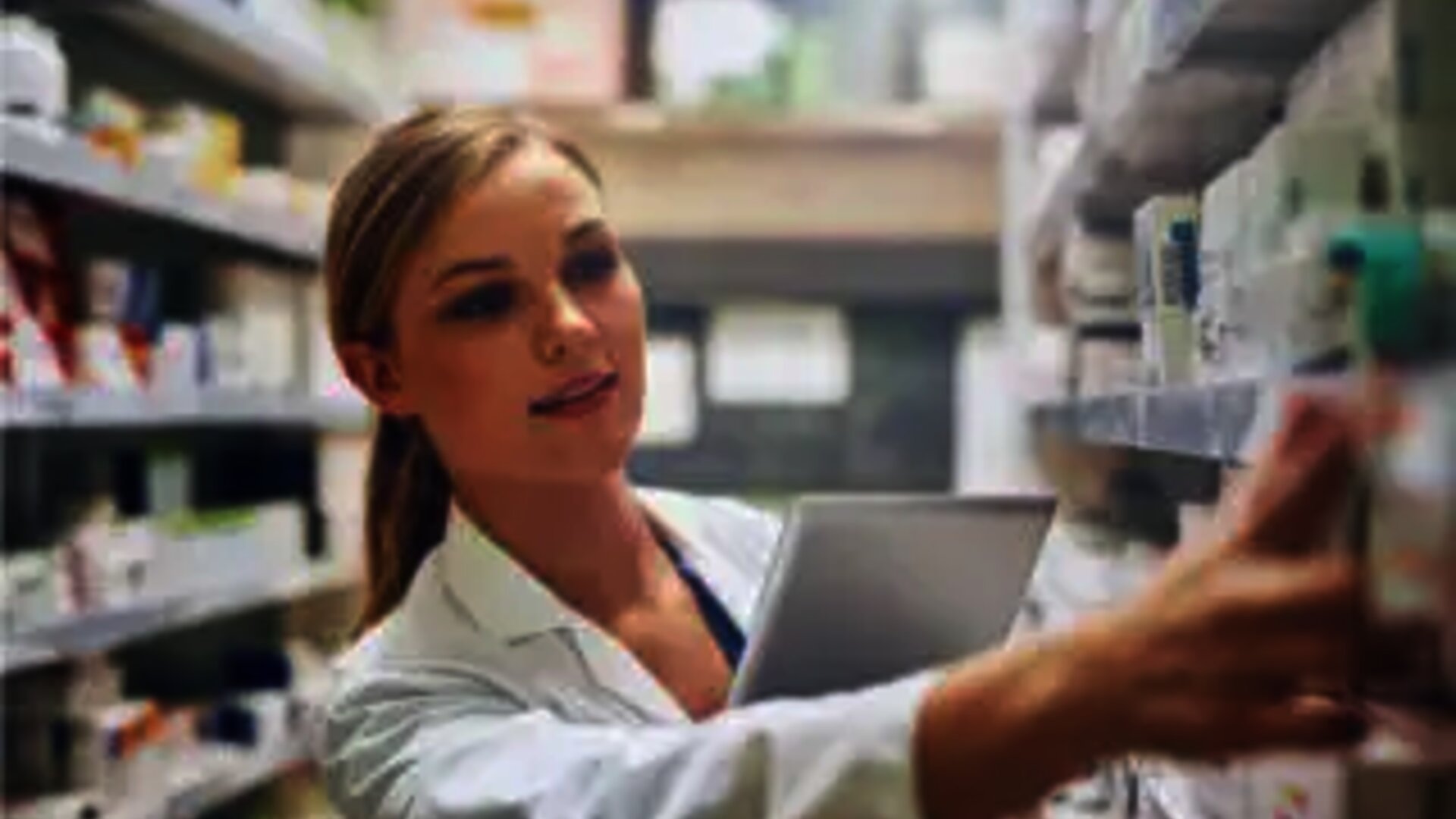 Apothekerin sucht Medikamente in den Regalen