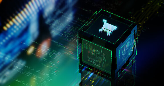 Digital cube with a shopping cart icon, symbolizing e-commerce and data-driven digital trade.