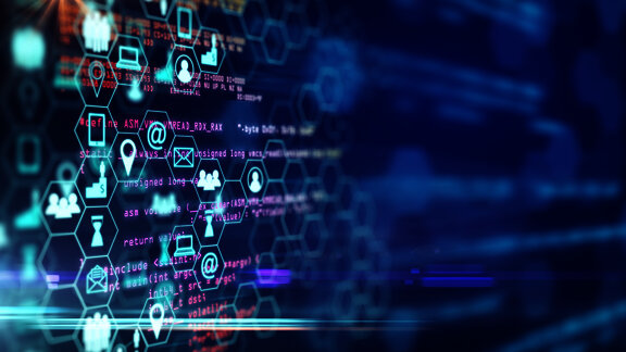 Abstract digital background showing hexadecimal codes, icons, and technology symbols, representing the interconnectedness of data, digital communication, and cybersecurity in a high-tech environment