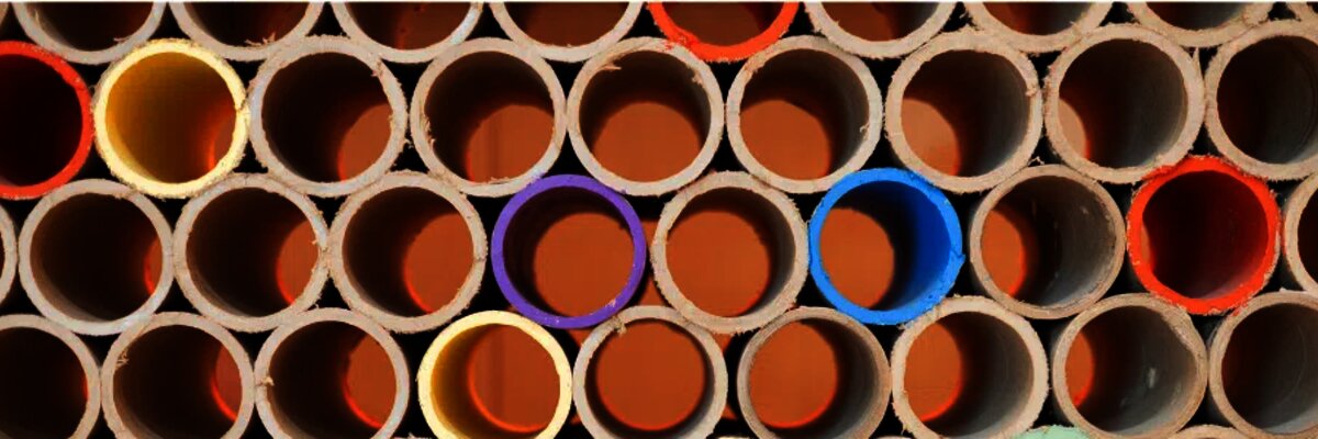 Stacked tubes with colored interiors forming circular patterns, symbolizing diversity and structure