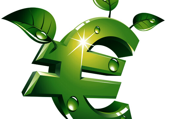 Green Euro symbol with leaves growing from it, representing eco-friendly or sustainable financial growth
