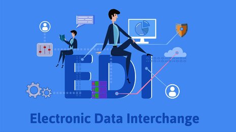two business professionals interacting with the letters 'EDI' (Electronic Data Interchange) surrounded by symbols representing data exchange, security, and analytics