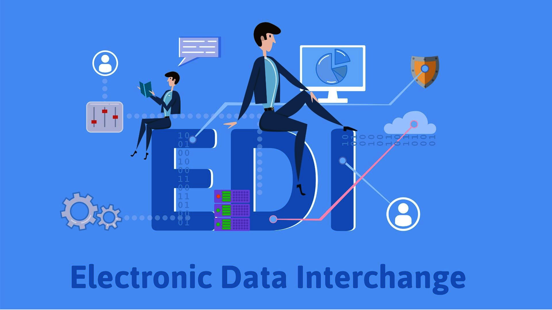 two business professionals interacting with the letters 'EDI' (Electronic Data Interchange) surrounded by symbols representing data exchange, security, and analytics