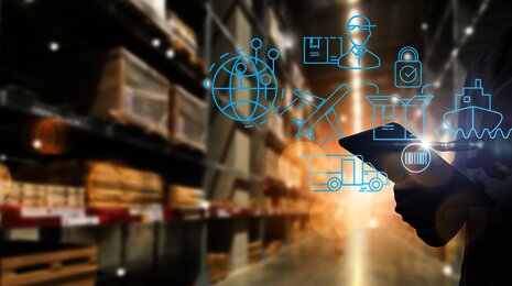 "Warehouse worker using a tablet with logistics and supply chain icons overlayed, representing global shipping, delivery, and technology integration in inventory managemen