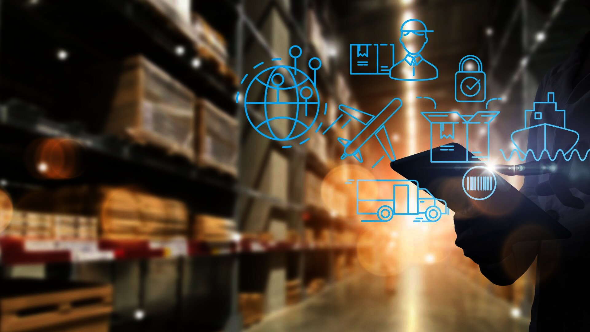 "Warehouse worker using a tablet with logistics and supply chain icons overlayed, representing global shipping, delivery, and technology integration in inventory managemen