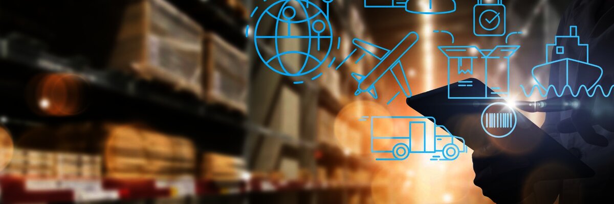 "Warehouse worker using a tablet with logistics and supply chain icons overlayed, representing global shipping, delivery, and technology integration in inventory managemen
