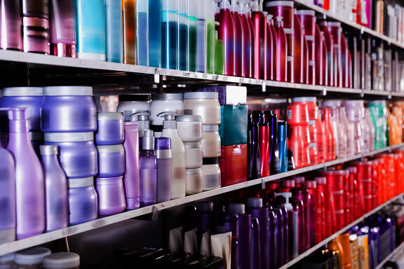 shelf at supermarket with drugstore products