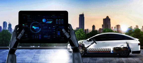 tablet in hands of robot with the car in the backround