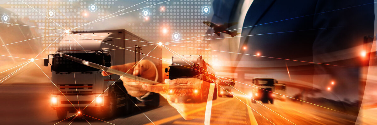  Digital logistics concept with trucks, a businessman, and network lines representing supply chain flow