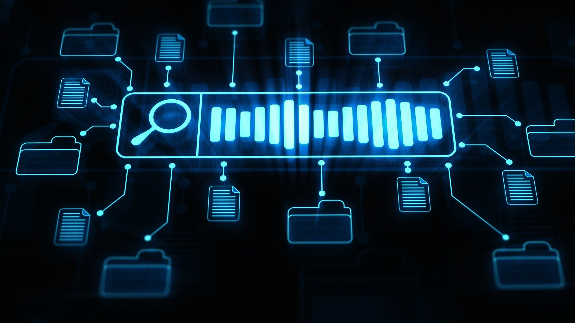 A glowing digital interface with a search bar, files, and folders connected by lines, symbolizing data management, digital search functionality, and file organization in a networked system