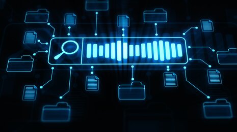 A glowing digital interface with a search bar, files, and folders connected by lines, symbolizing data management, digital search functionality, and file organization in a networked system