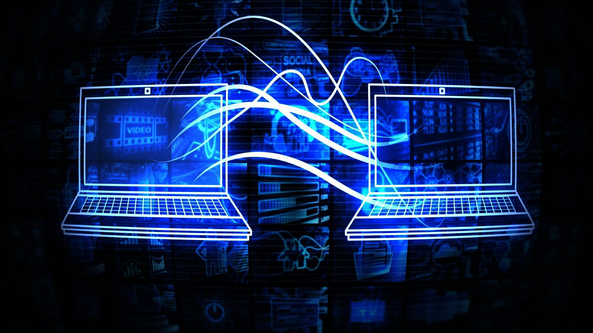 Two laptops with digital connections, symbolizing data transfer and communicatio