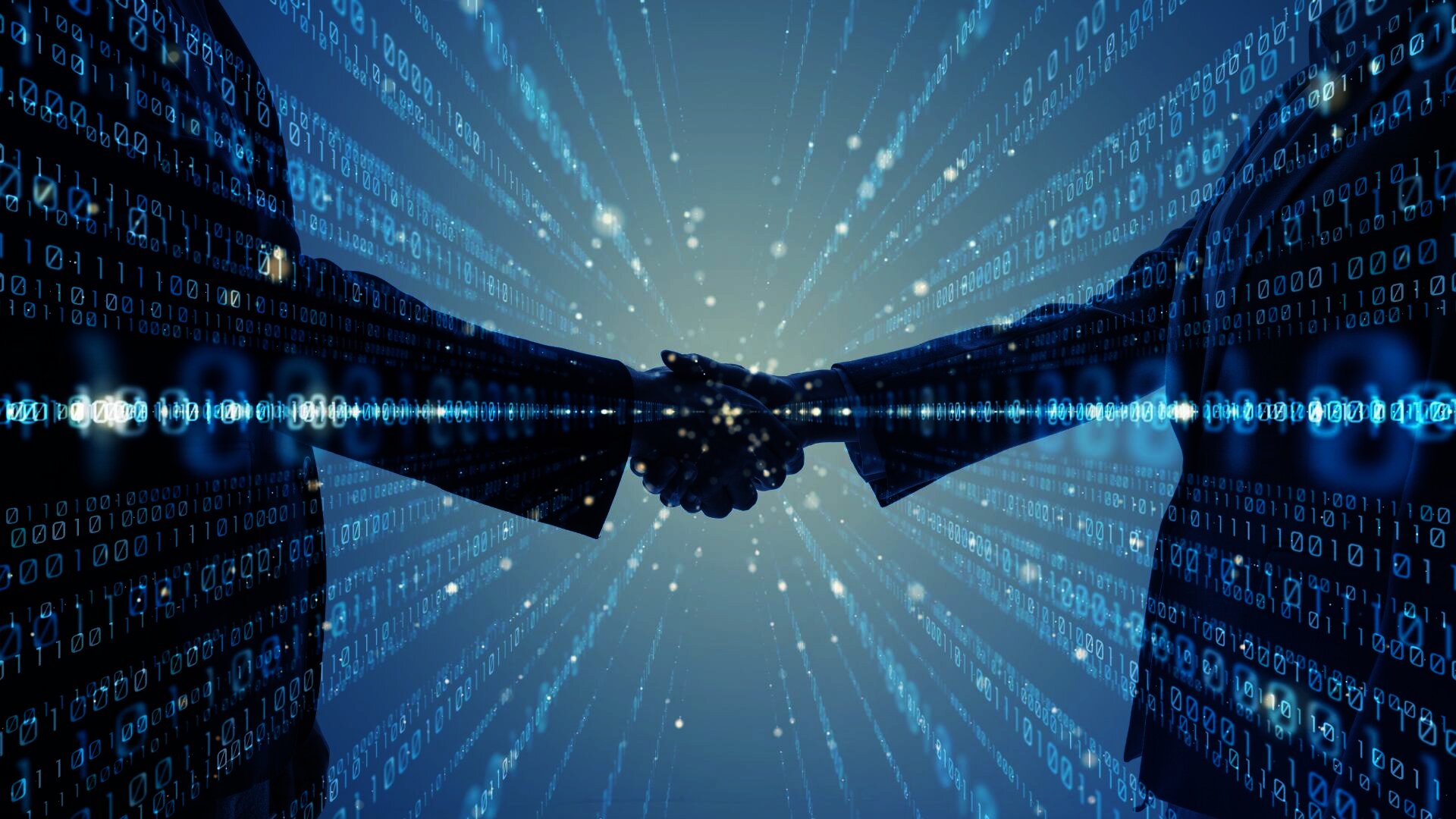 Digital handshake between two businesspeople, symbolizing secure and trustworthy digital agreements and partnerships in a binary code environment