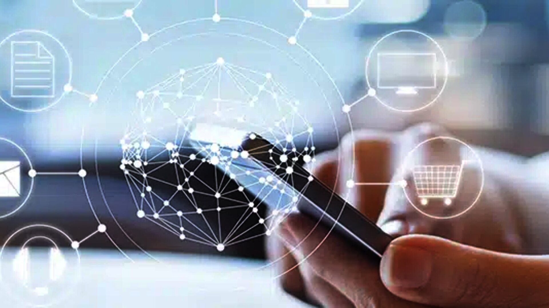 Person using smartphone with icons for communication, documents, shopping, and cloud