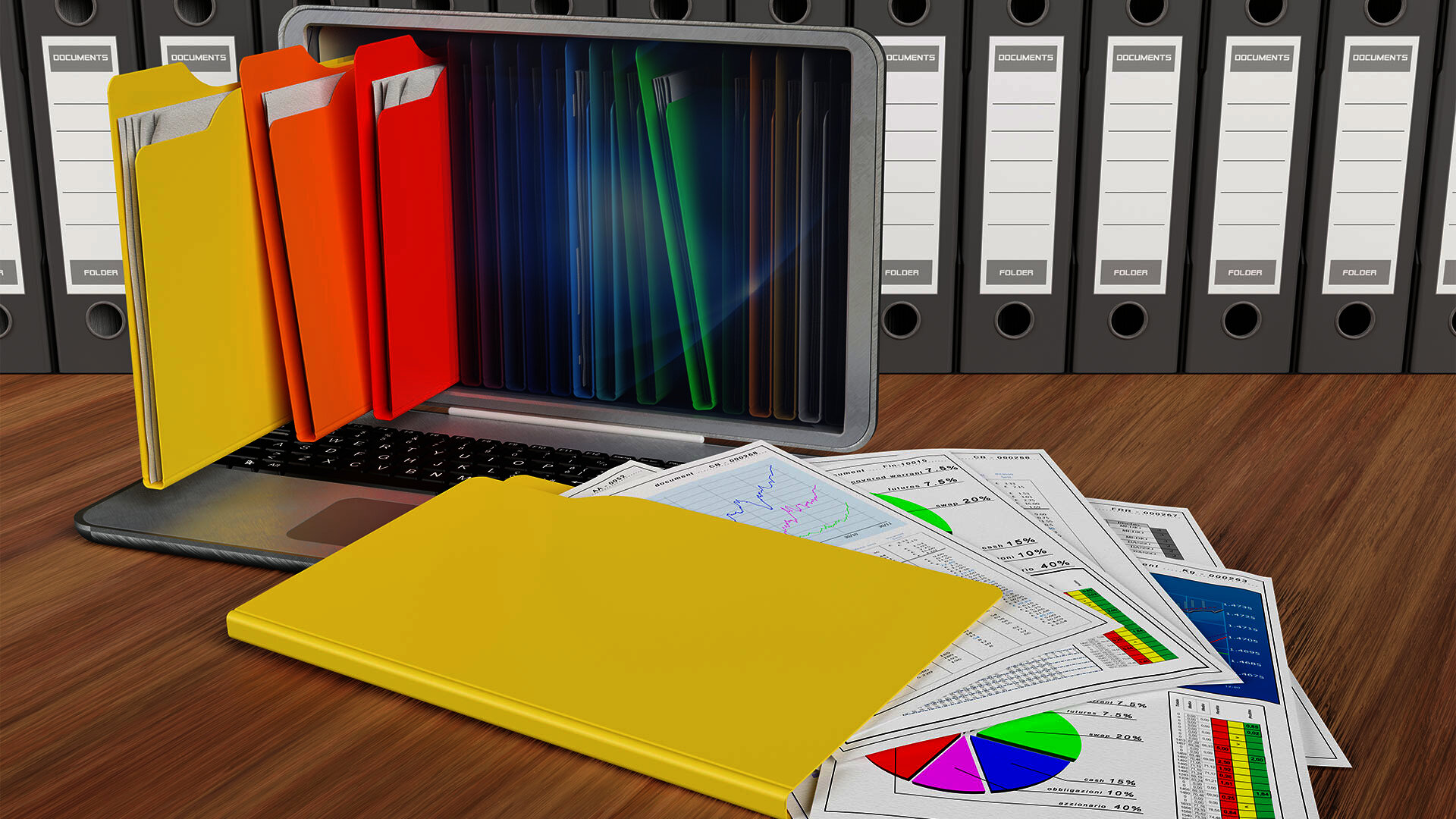 Digital folders emerging from a laptop, representing electronic document management and organization