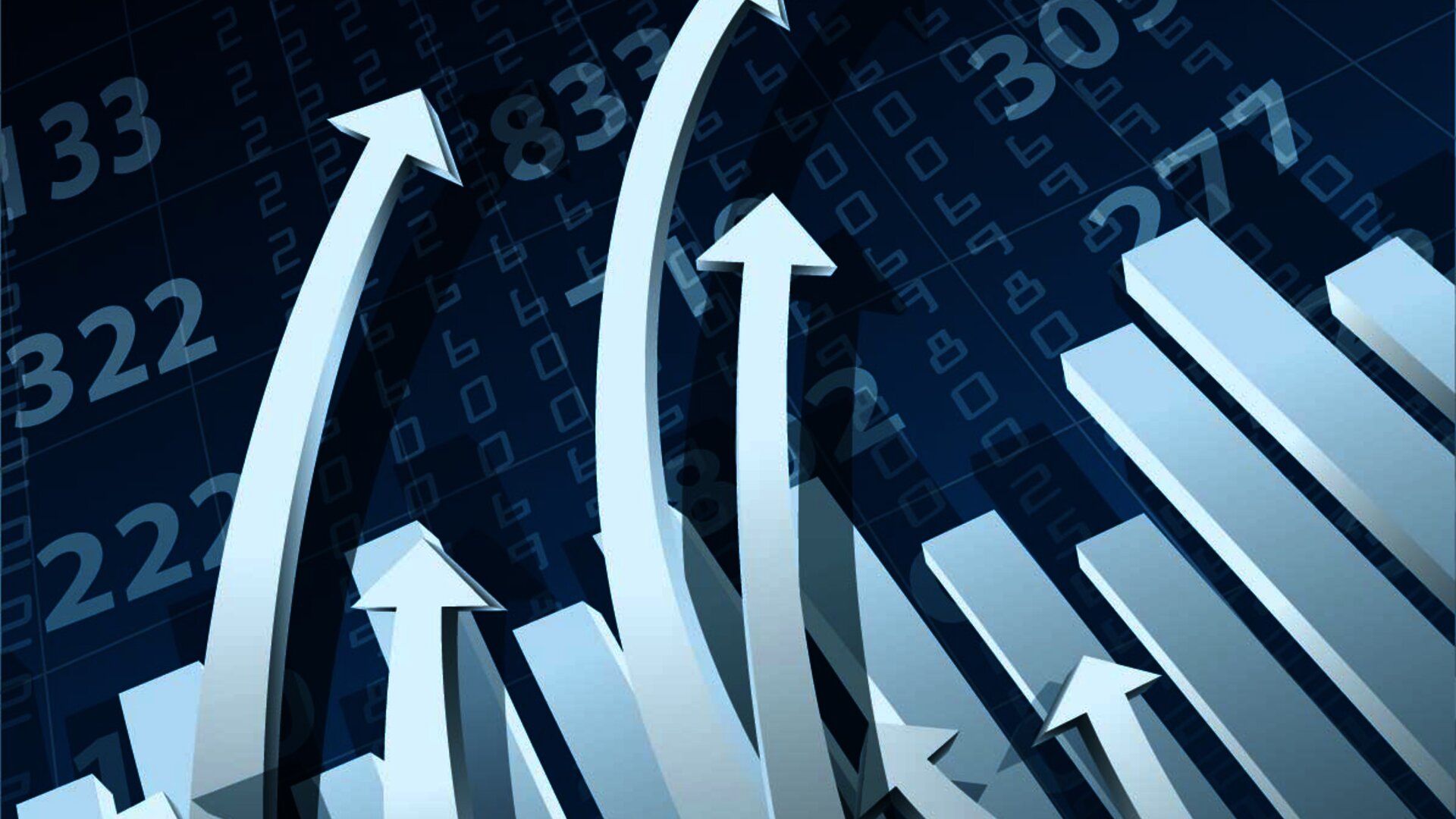 An abstract graphic showing upward arrows and bar charts with numbers in the background, representing financial growth, data analysis, and business success