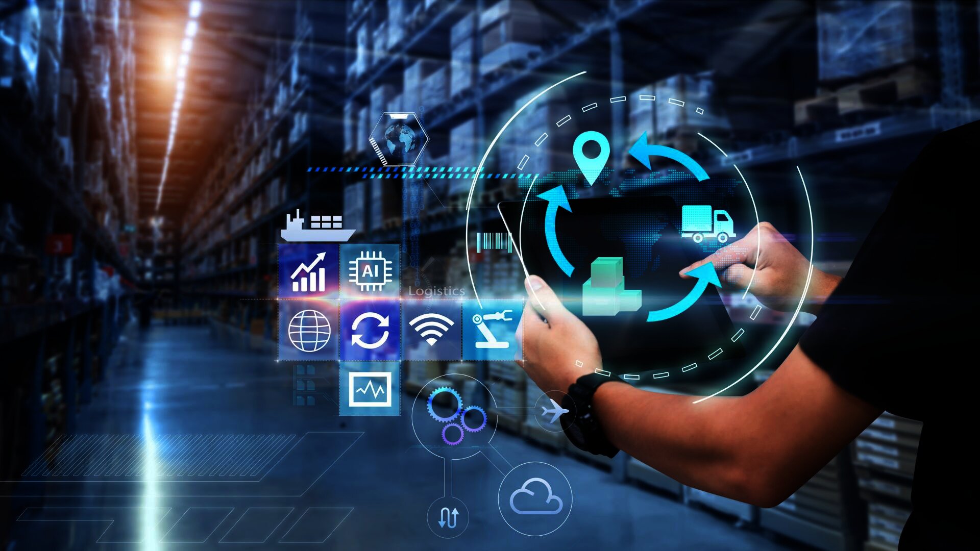 Person using a tablet in a warehouse with overlayed digital logistics and supply chain icons