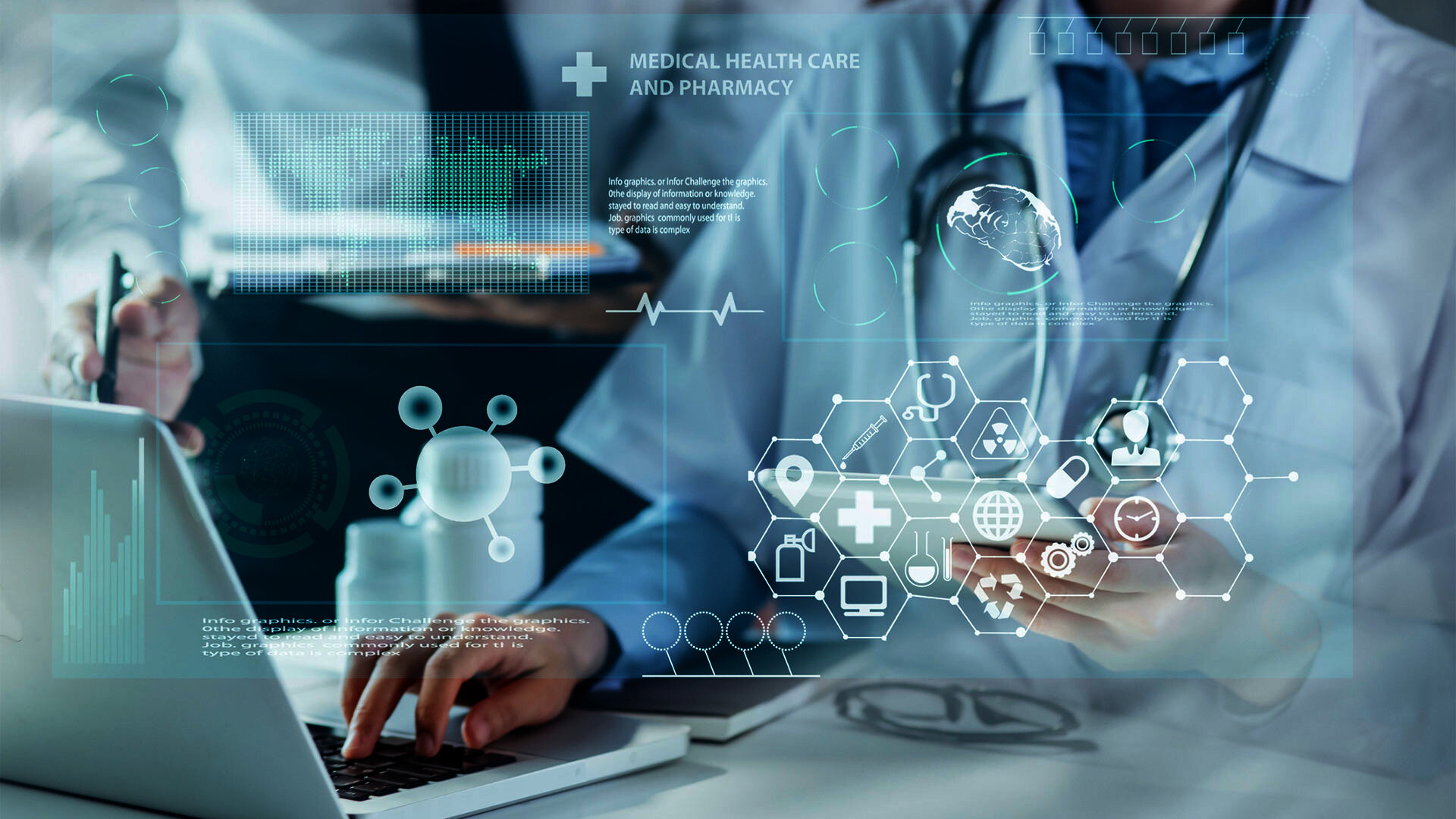 Medical professionals using technology, with digital health icons and graphics overlaying the image, representing modern healthcare, data analysis, and medical innovation
