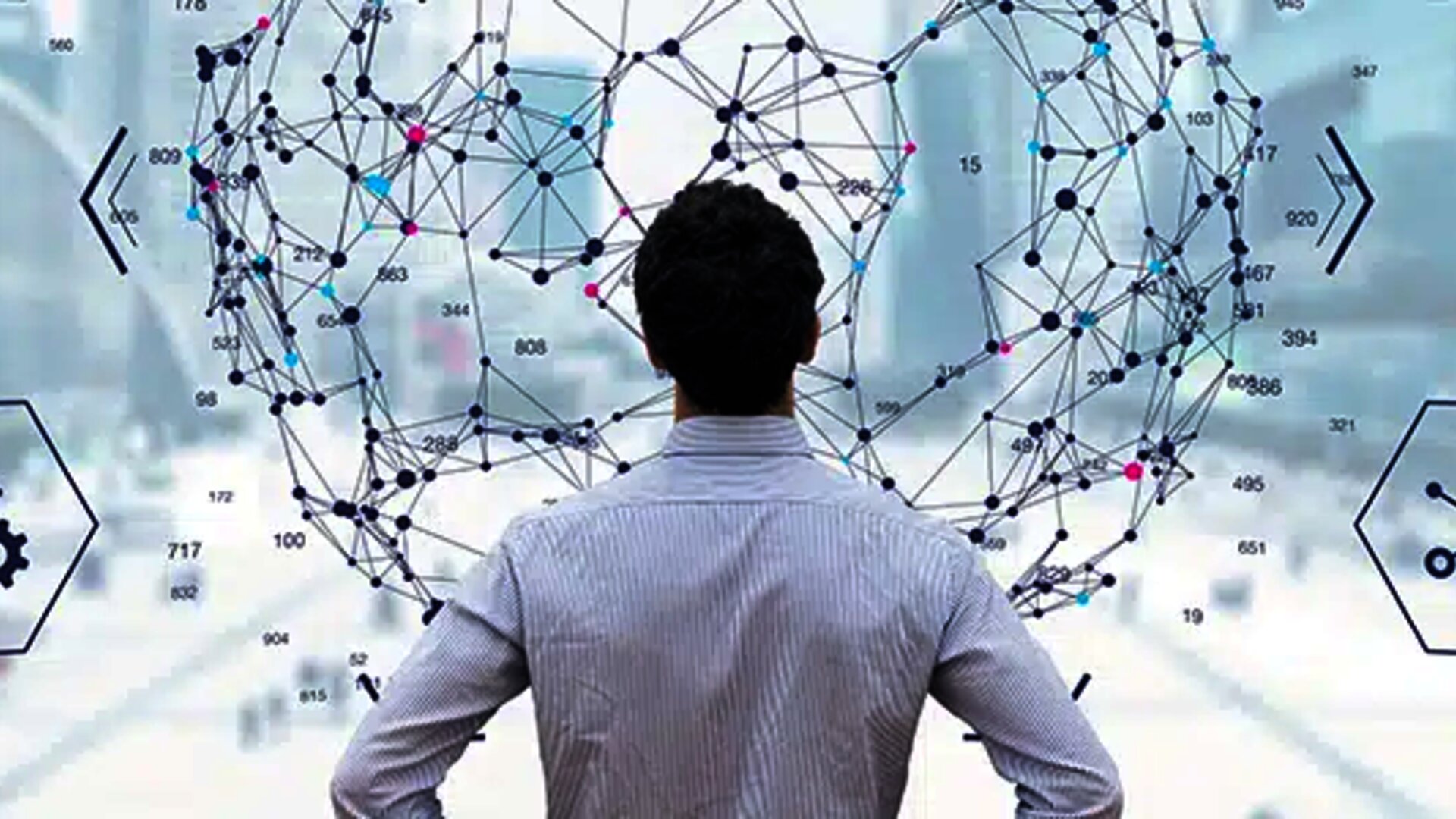 Man standing in front of a digital interface displaying a network of global connections and data analysis icons